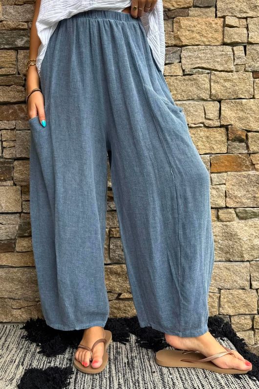 Lina Linen Blend Barrel Pant Washed Navy